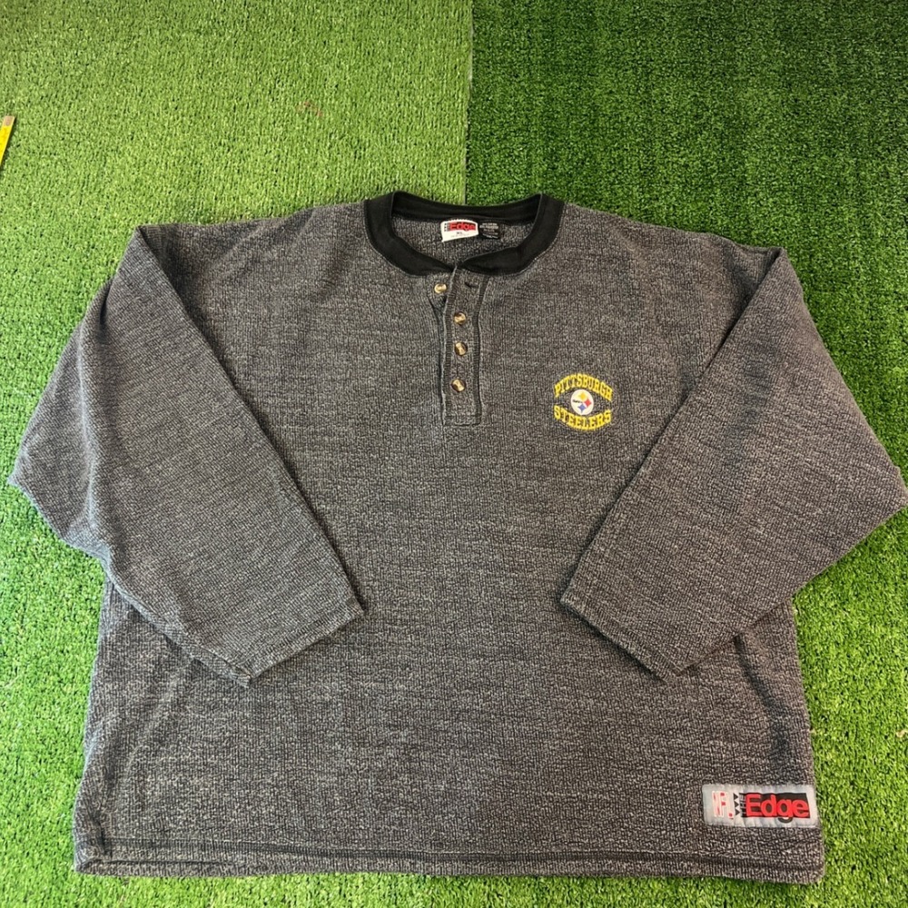 Vintage Pittsburgh Steelers The Edge Henley Shirt Mens Grey Textured Knit XL NFL